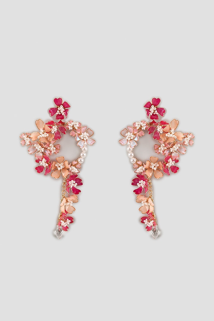 Gold Finish Pink Enameled Handcrafted Floral Hoop Earrings by THE BEAUTIFUL SECRET at Pernia's Pop Up Shop