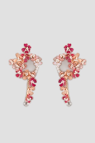 Gold Finish Pink Enameled Handcrafted Floral Hoop Earrings by THE BEAUTIFUL SECRET