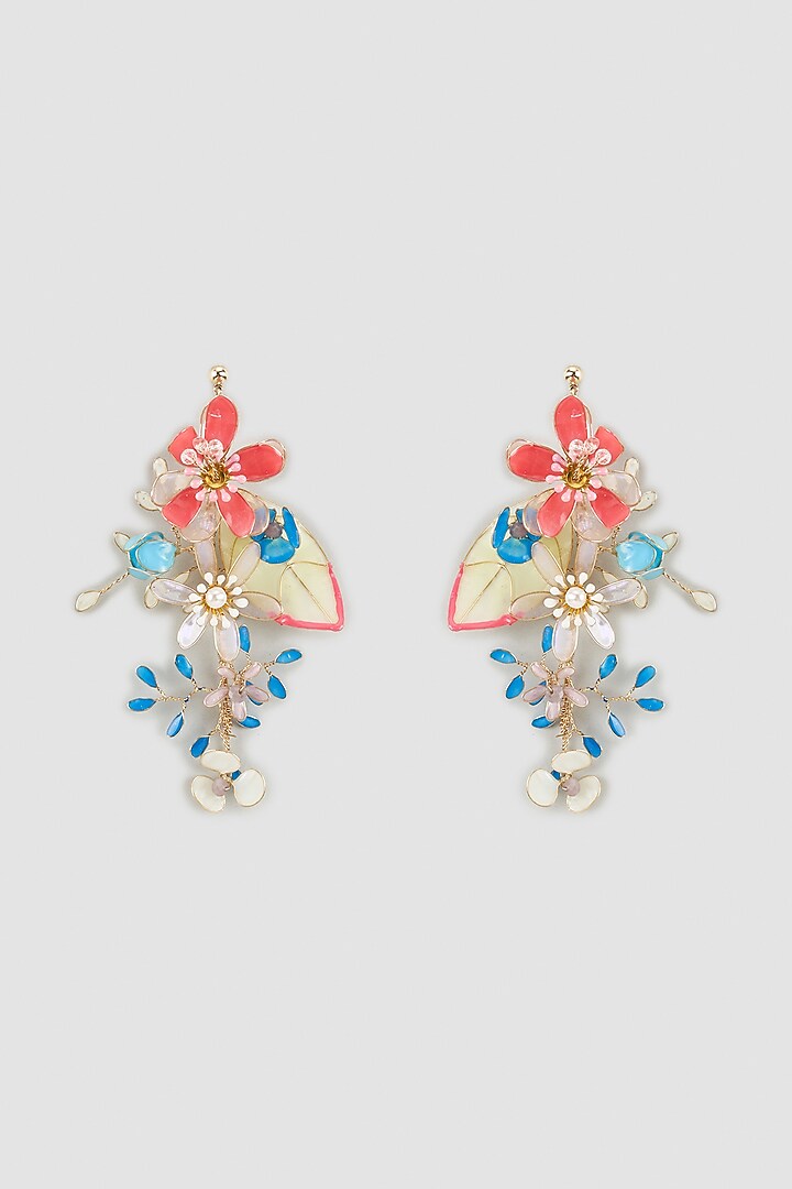 Gold Finish Multi-Colored Enameled Handcrafted Floral Dangler Earrings by THE BEAUTIFUL SECRET at Pernia's Pop Up Shop