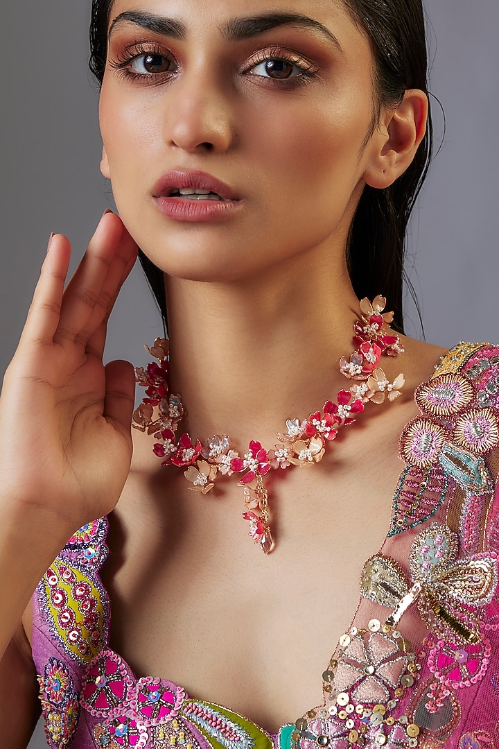 Gold Finish Pink Enameled Floral Necklace by THE BEAUTIFUL SECRET at Pernia's Pop Up Shop