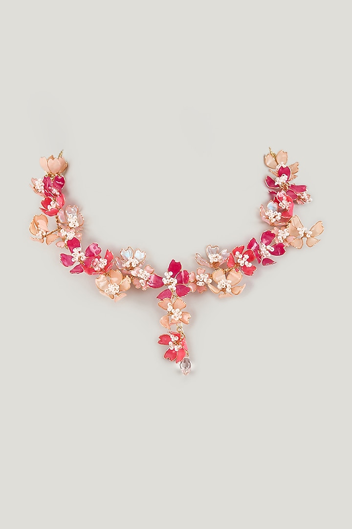 Gold Finish Pink Enameled Floral Necklace by THE BEAUTIFUL SECRET at Pernia's Pop Up Shop