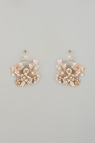 Gold Finish Pearl White Enameled Floral Hoop Earrings by THE BEAUTIFUL SECRET