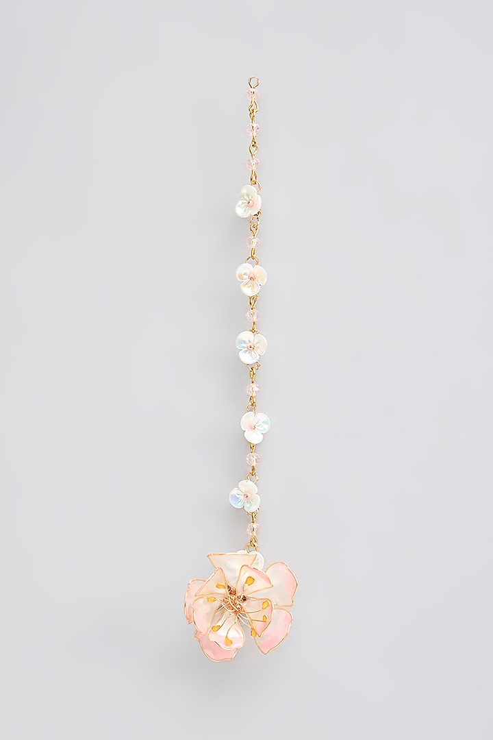 Gold Finish Pink Enameled Floral Maangtikka by THE BEAUTIFUL SECRET at Pernia's Pop Up Shop