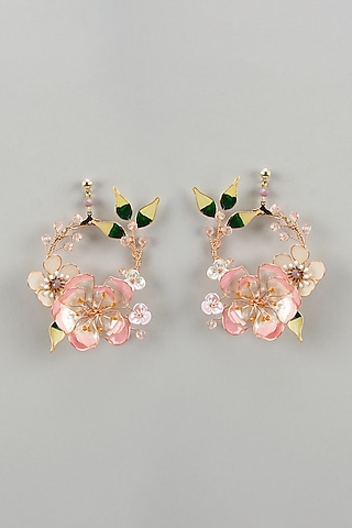 Gold Finish Pink Enameled Handcrafted Floral Hoop Earrings by THE BEAUTIFUL SECRET