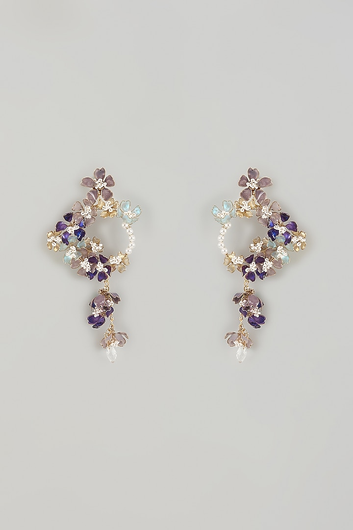 Gold Finish Blue Enameled Floral Hoop Earrings by THE BEAUTIFUL SECRET at Pernia's Pop Up Shop