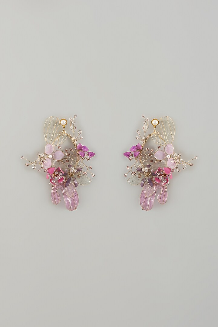 Gold Finish Purple Enameled Floral Dangler Earrings by THE BEAUTIFUL SECRET at Pernia's Pop Up Shop