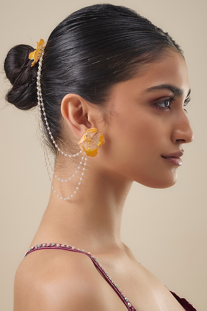 Gold Finish Enameled Handcrafted Floral Earrings by THE BEAUTIFUL SECRET at Pernia's Pop Up Shop