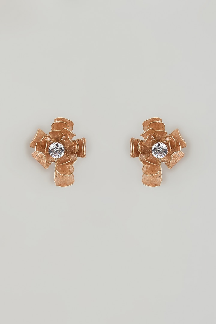 Gold Finish Brown Enameled Floral Stud Earrings by THE BEAUTIFUL SECRET at Pernia's Pop Up Shop