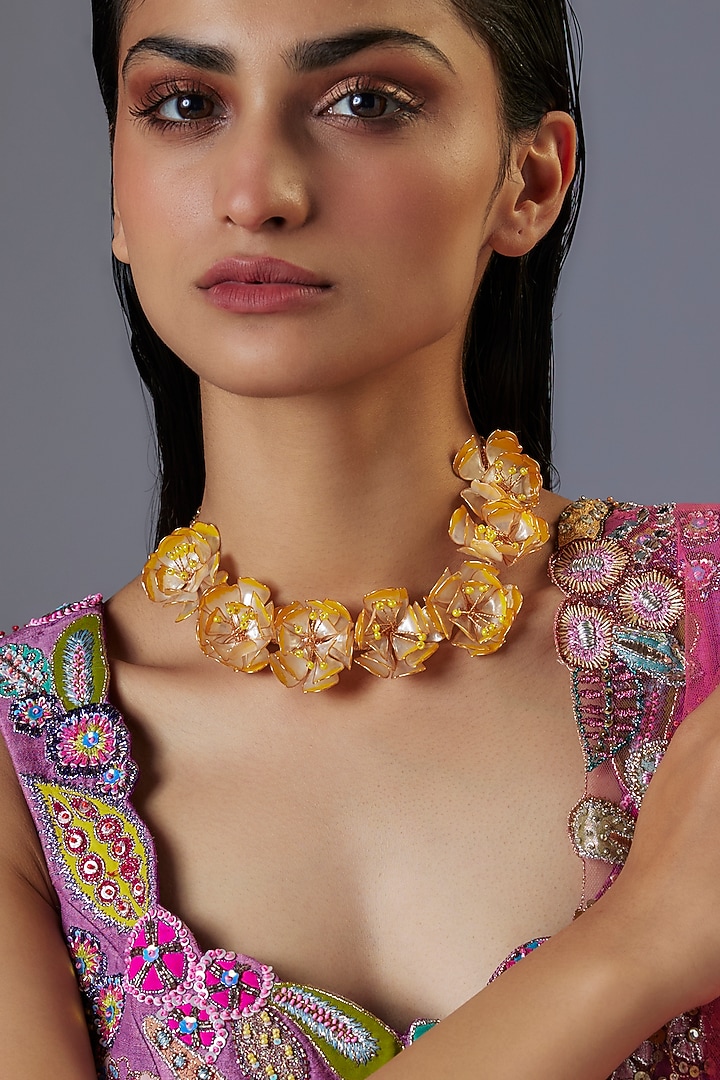 Gold Finish Yellow Enameled Floral Choker Necklace by THE BEAUTIFUL SECRET at Pernia's Pop Up Shop