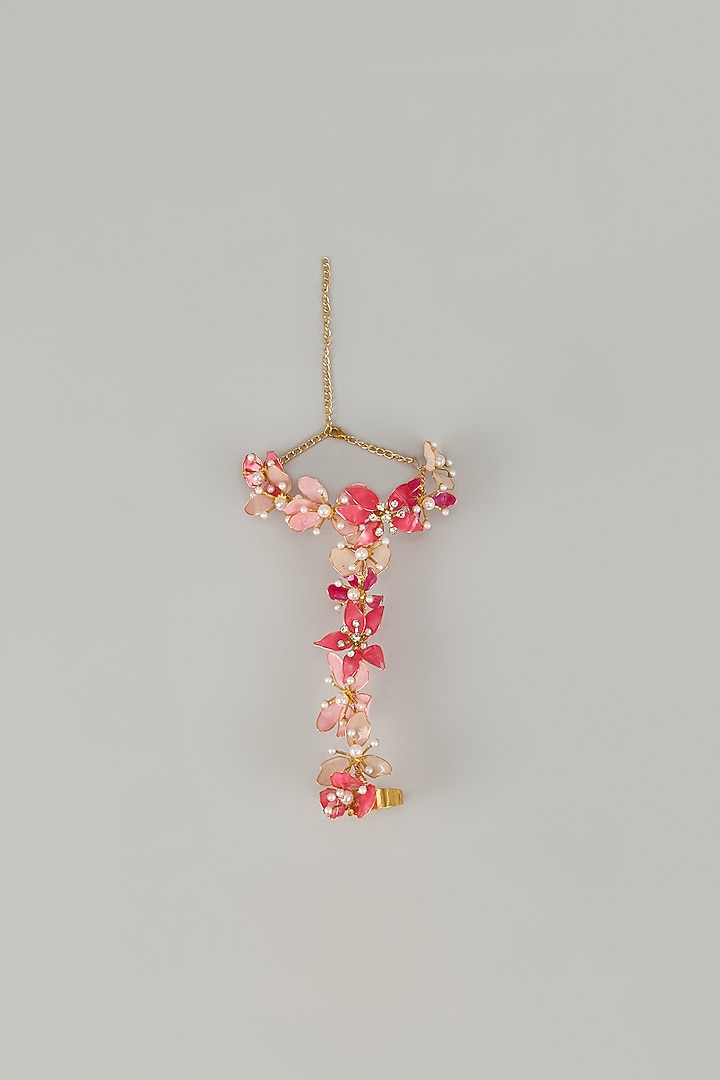 Gold Finish Pearl Pink Enameled Floral Hand Harness by THE BEAUTIFUL SECRET at Pernia's Pop Up Shop