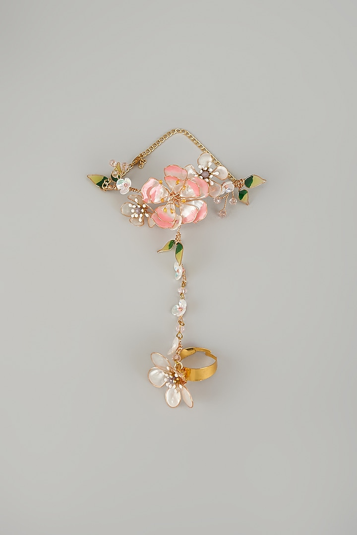 Gold Finish Pink Enameled Floral Hand Harness by THE BEAUTIFUL SECRET at Pernia's Pop Up Shop