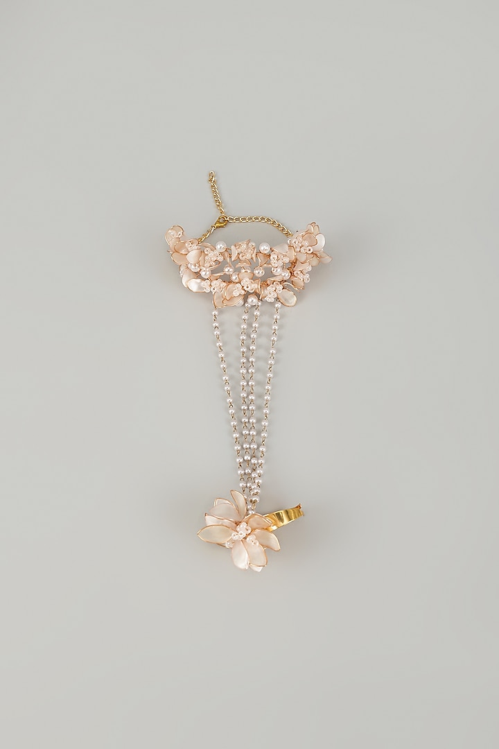 Gold Finish Pearl White Enameled Floral Hand Harness by THE BEAUTIFUL SECRET at Pernia's Pop Up Shop