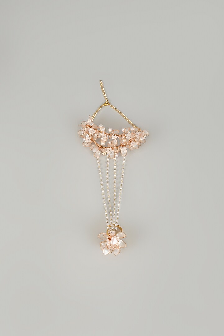 Gold Finish Pearl White Enameled Floral Hand Harness by THE BEAUTIFUL SECRET at Pernia's Pop Up Shop