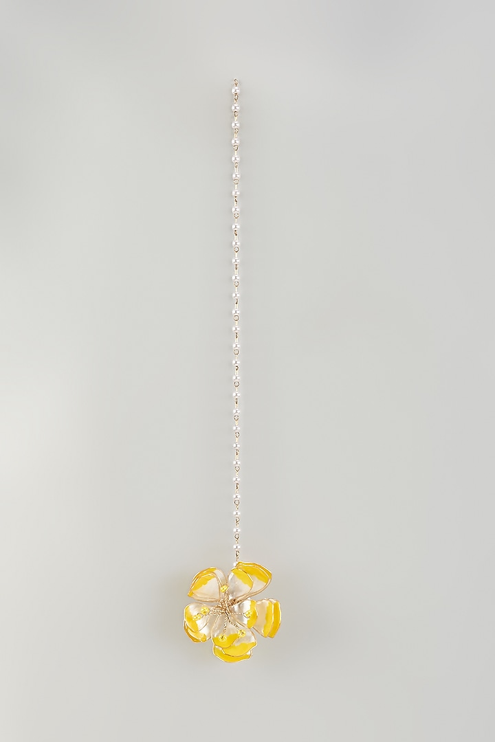 Gold Finish Pearl Yellow Enameled Floral Maangtikka by THE BEAUTIFUL SECRET at Pernia's Pop Up Shop