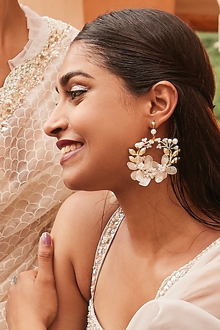 Gold Finish Pearl Enameled Hoop Earrings by THE BEAUTIFUL SECRET