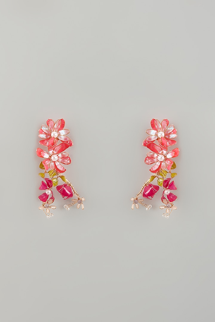 Gold Finish Pink Enameled Floral Dangler Earrings by THE BEAUTIFUL SECRET at Pernia's Pop Up Shop