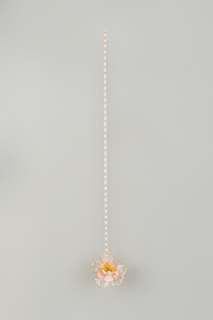 Gold Finish Pearl Multi-Colored Enameled Floral Maangtikka by THE BEAUTIFUL SECRET at Pernia's Pop Up Shop