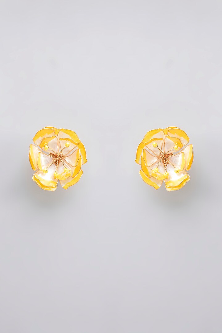 Gold Finish Yellow Enameled Floral Stud Earrings by THE BEAUTIFUL SECRET at Pernia's Pop Up Shop