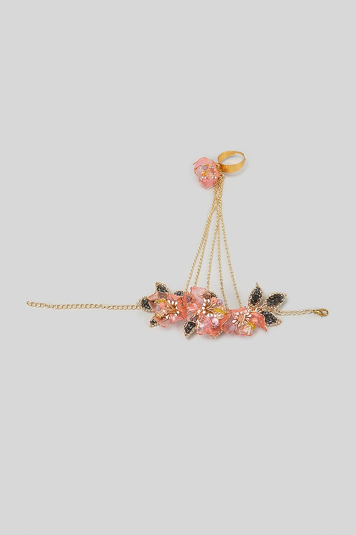 Gold Finish Pearl Enameled Handcrafted Floral Adjustable Hand Harness by THE BEAUTIFUL SECRET at Pernia's Pop Up Shop
