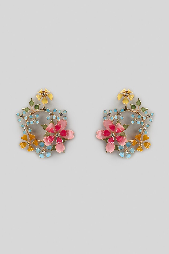Gold Finish Enameled Handcrafted Floral Earrings by THE BEAUTIFUL SECRET at Pernia's Pop Up Shop
