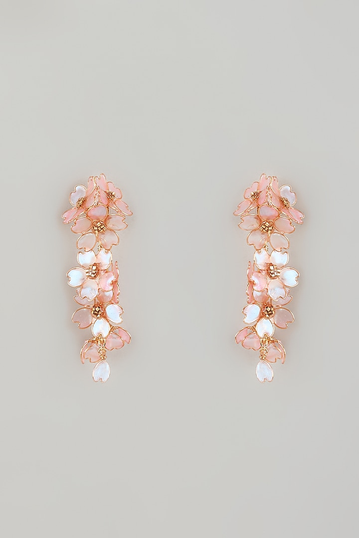 Gold Finish Pink Enameled Floral Dangler Earrings by THE BEAUTIFUL SECRET at Pernia's Pop Up Shop
