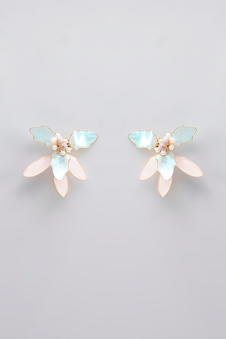 Gold Finish Blue Enameled Floral Stud Earrings by THE BEAUTIFUL SECRET at Pernia's Pop Up Shop