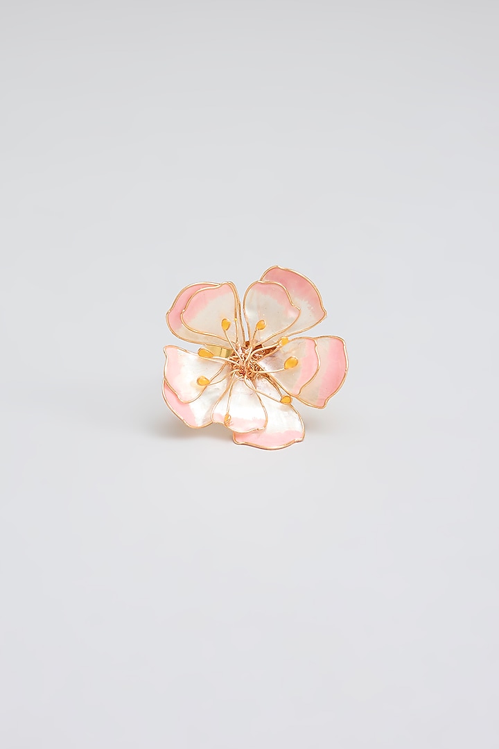 Gold Finish Pink Enameled Floral Stud Earrings by THE BEAUTIFUL SECRET at Pernia's Pop Up Shop