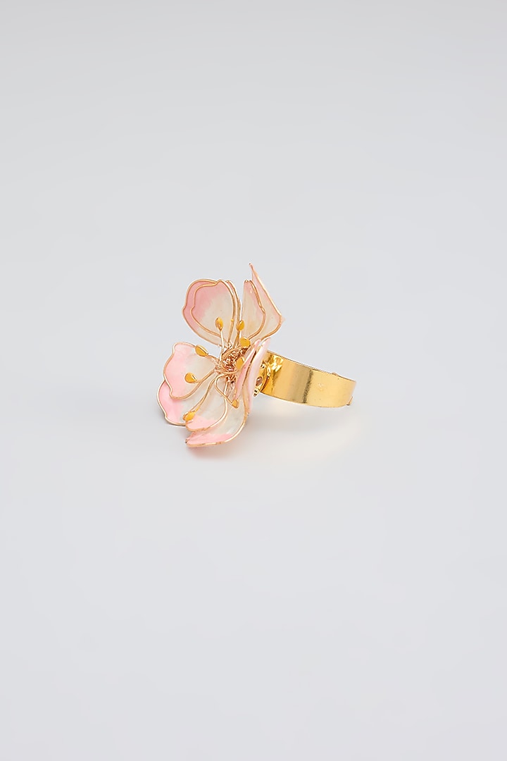 Gold Finish Pink Enameled Floral Stud Earrings by THE BEAUTIFUL SECRET at Pernia's Pop Up Shop