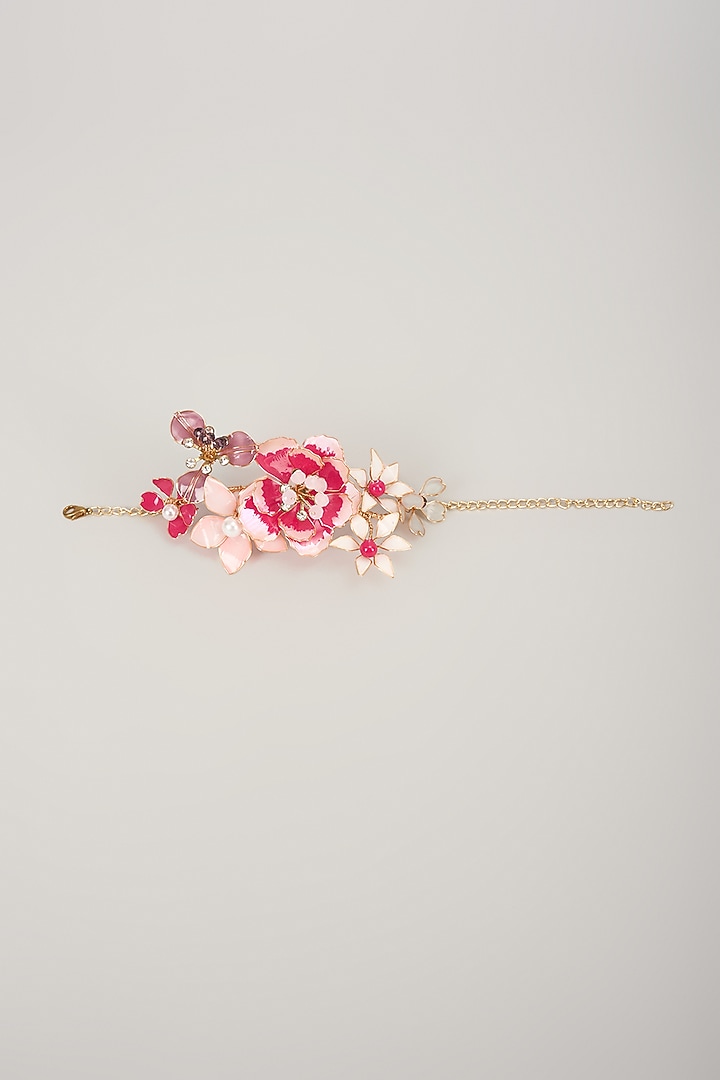 Gold Finish Pink Enameled Floral Bracelet by THE BEAUTIFUL SECRET at Pernia's Pop Up Shop