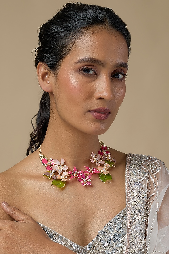 Pink Enameled Floral Necklace by THE BEAUTIFUL SECRET at Pernia's Pop Up Shop
