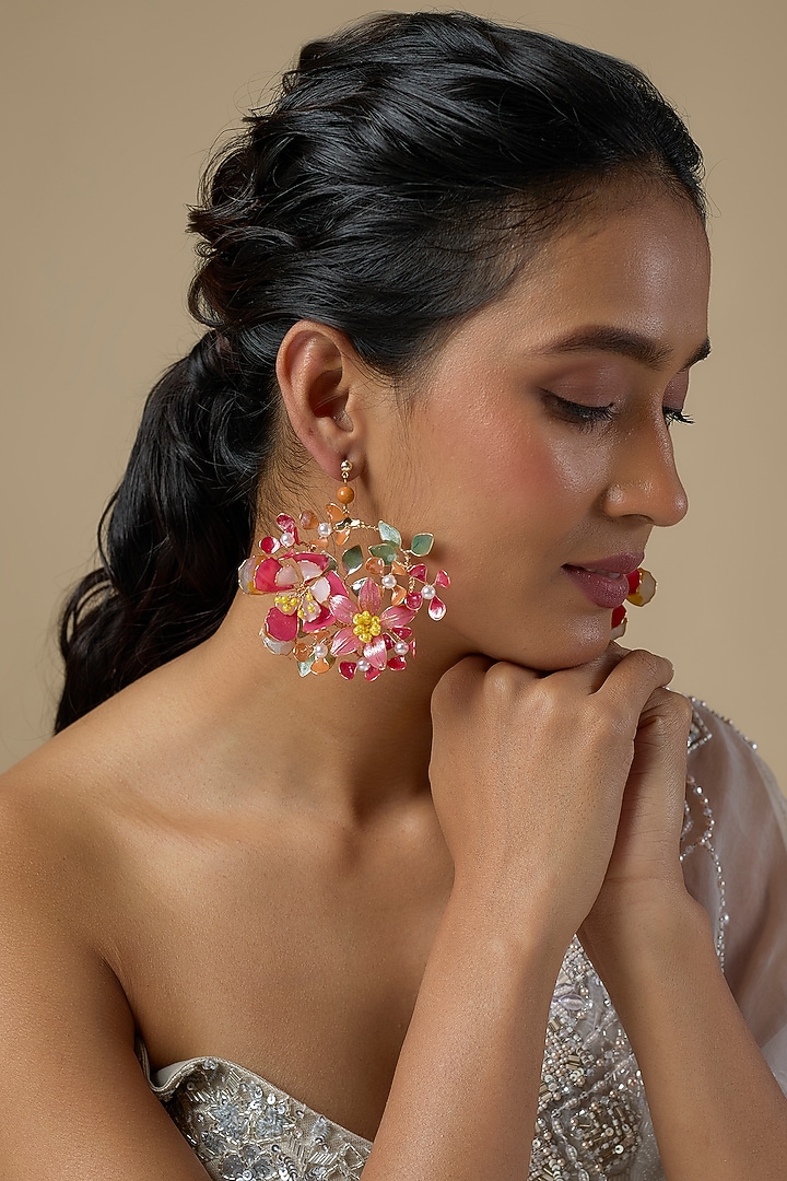 Pink Enameled Handcrafted Floral Dangler Earrings by THE BEAUTIFUL SECRET at Pernia's Pop Up Shop