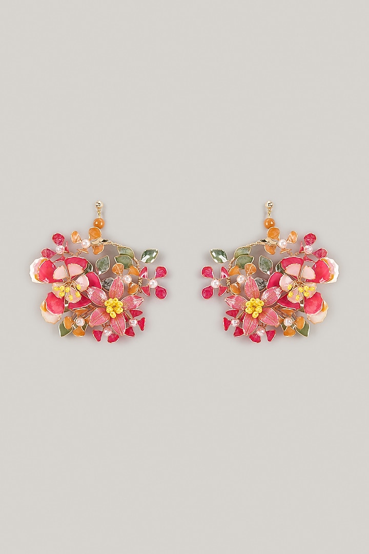 Pink Enameled Handcrafted Floral Dangler Earrings by THE BEAUTIFUL SECRET at Pernia's Pop Up Shop