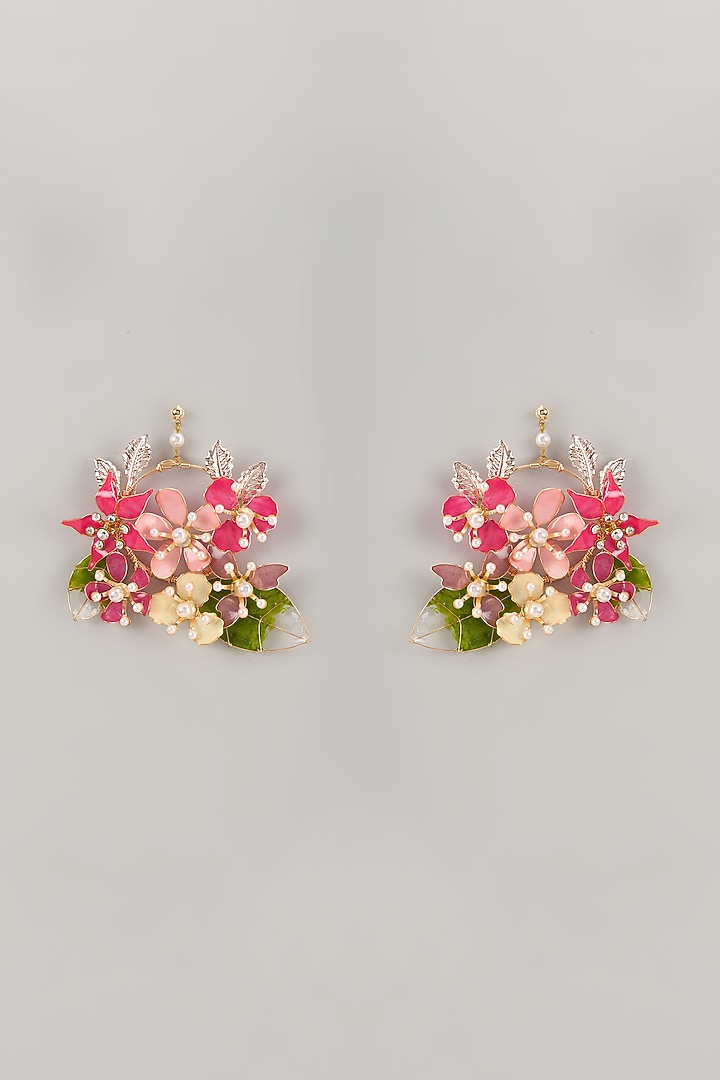 Pink Enameled Handcrafted Floral Dangler Earrings by THE BEAUTIFUL SECRET at Pernia's Pop Up Shop