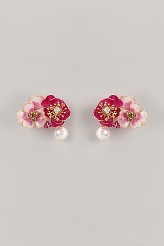 Pink Enameled Handcrafted Floral Dangler Earrings by THE BEAUTIFUL SECRET