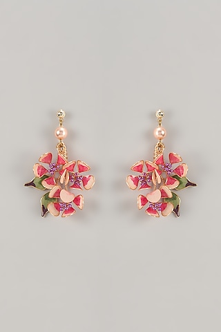 Pink Enameled Handcrafted Floral Dangler Earrings by THE BEAUTIFUL SECRET