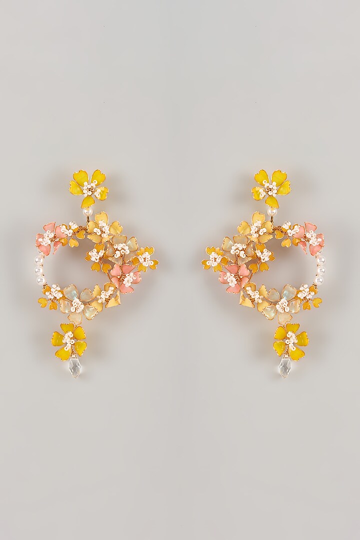 Yellow Enameled Handcrafted Floral Dangler Earrings by THE BEAUTIFUL SECRET at Pernia's Pop Up Shop