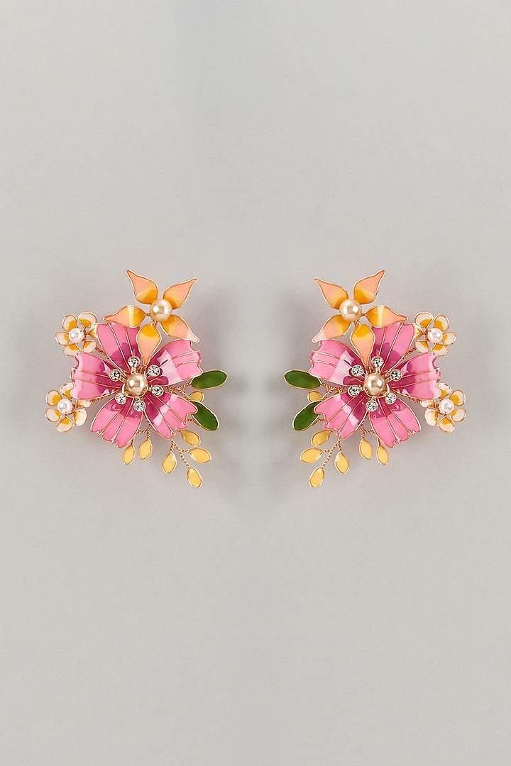Pink Enameled Handcrafted Floral Dangler Earrings by THE BEAUTIFUL SECRET at Pernia's Pop Up Shop