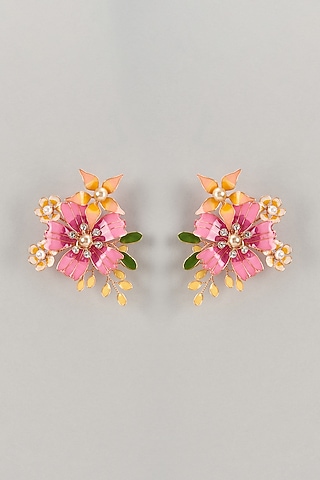 Pink Enameled Handcrafted Floral Dangler Earrings by THE BEAUTIFUL SECRET
