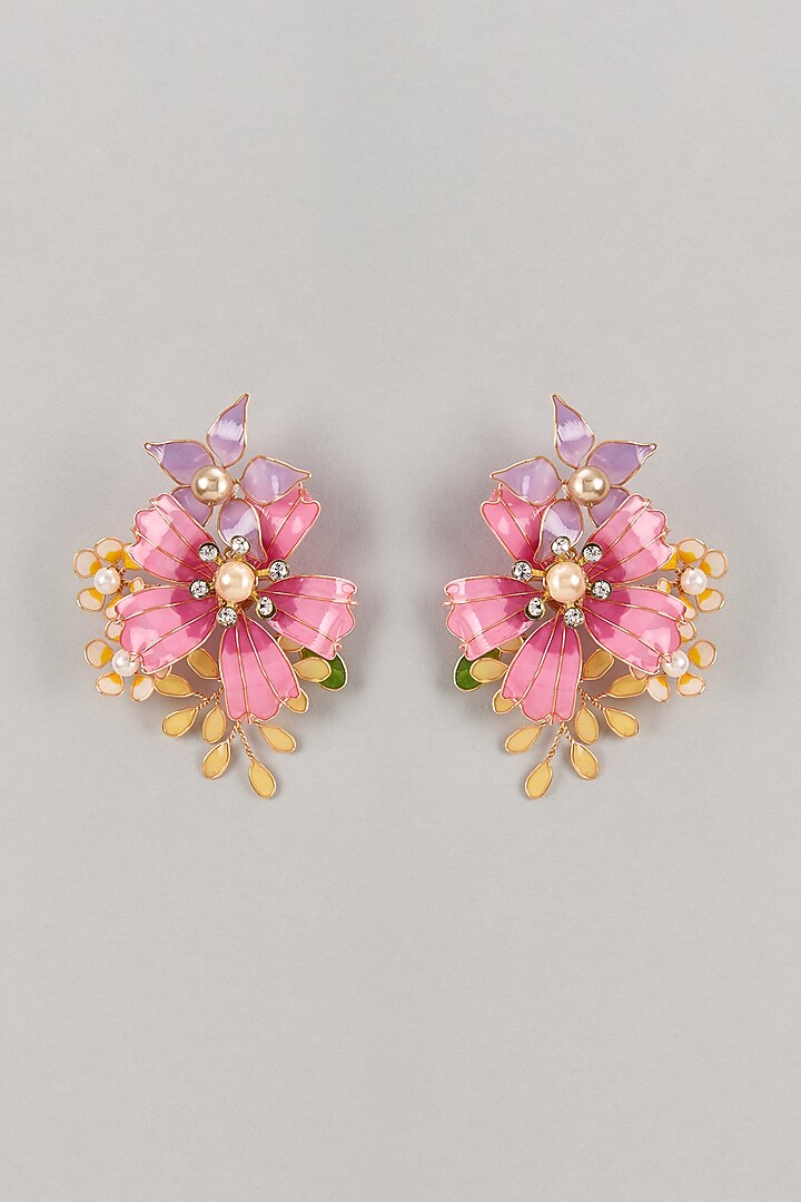 Pink Enameled Handcrafted Floral Dangler Earrings by THE BEAUTIFUL SECRET at Pernia's Pop Up Shop