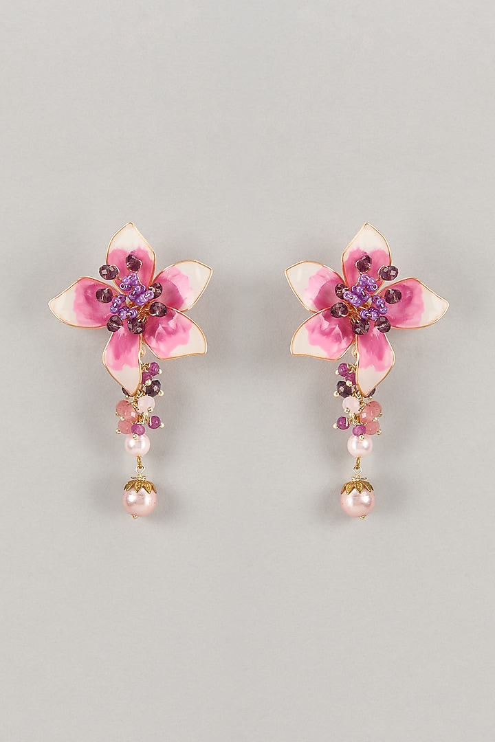 Pink Enameled Handcrafted Floral Dangler Earrings by THE BEAUTIFUL SECRET at Pernia's Pop Up Shop
