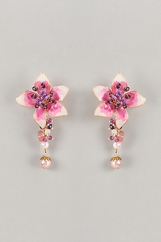 Pink Enameled Handcrafted Floral Dangler Earrings by THE BEAUTIFUL SECRET