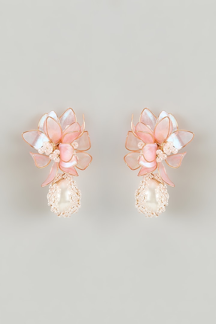 Gold Finish Pearl Pink Enameled Floral Stud Earrings by THE BEAUTIFUL SECRET at Pernia's Pop Up Shop