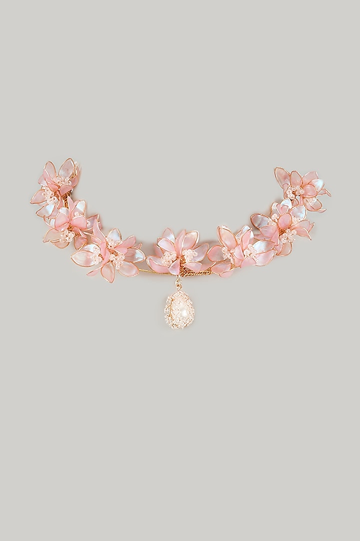 Gold Finish Pearl Pink Enameled Floral Necklace by THE BEAUTIFUL SECRET at Pernia's Pop Up Shop