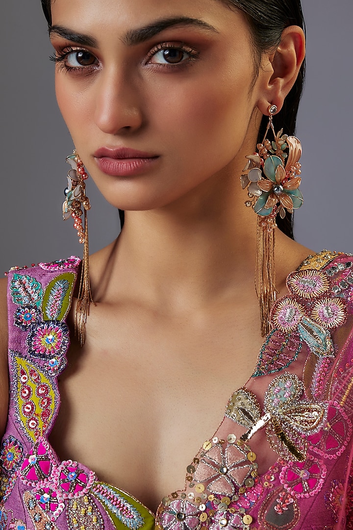 Gold Finish Multi-Colored Enameled Floral Dangler Earrings by THE BEAUTIFUL SECRET at Pernia's Pop Up Shop