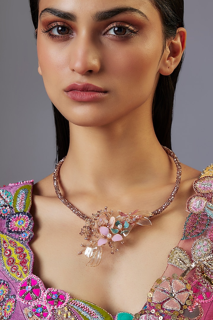 Gold Finish Multi-Colored Enameled Floral Necklace by THE BEAUTIFUL SECRET at Pernia's Pop Up Shop