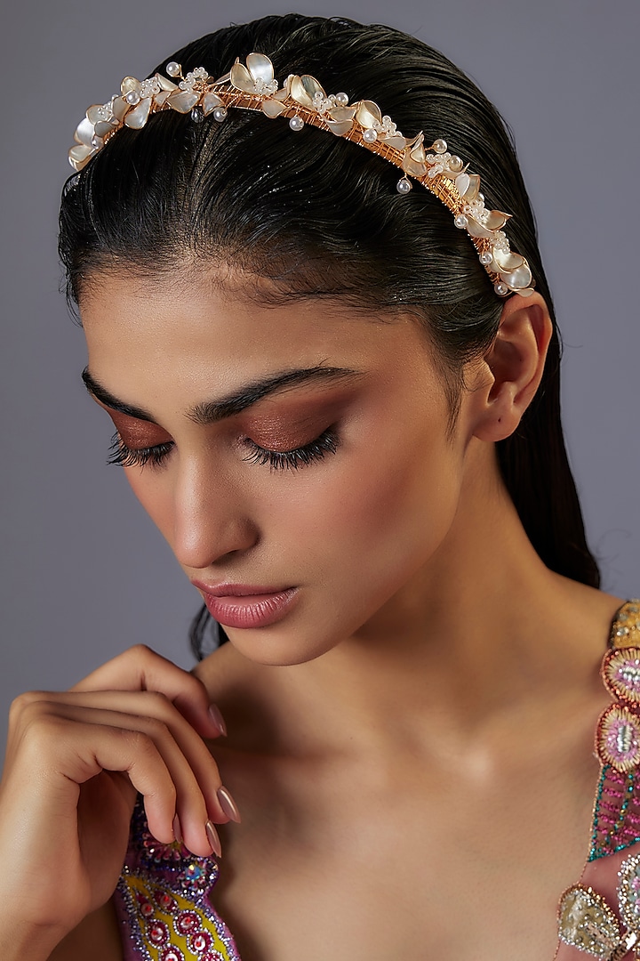 Gold Finish Pearl White Enameled Floral Hair Band by THE BEAUTIFUL SECRET at Pernia's Pop Up Shop