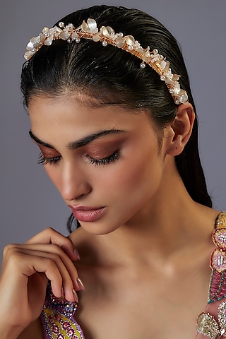 Gold Finish Pearl White Enameled Floral Hair Band by THE BEAUTIFUL SECRET