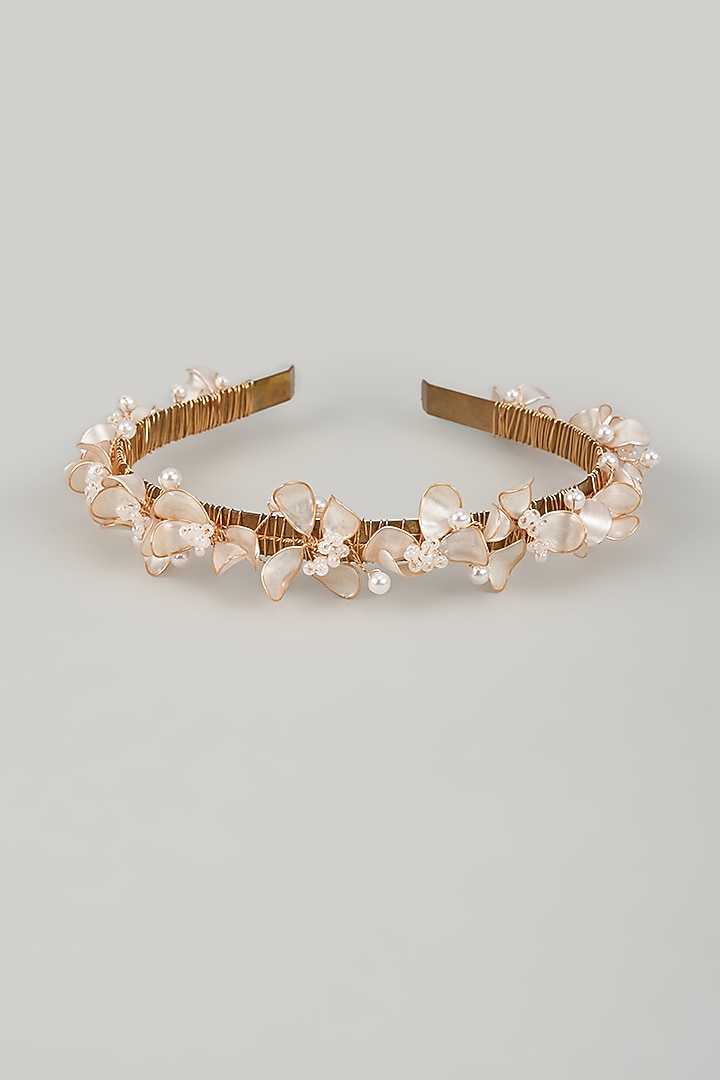 Gold Finish Pearl White Enameled Floral Hair Band by THE BEAUTIFUL SECRET at Pernia's Pop Up Shop