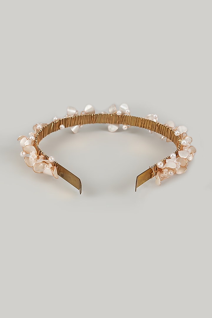 Gold Finish Pearl White Enameled Floral Hair Band by THE BEAUTIFUL SECRET at Pernia's Pop Up Shop