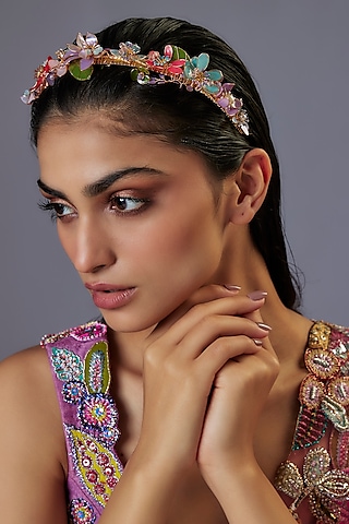 Gold Finish Multi-Colored Enameled Floral Hair Band by THE BEAUTIFUL SECRET